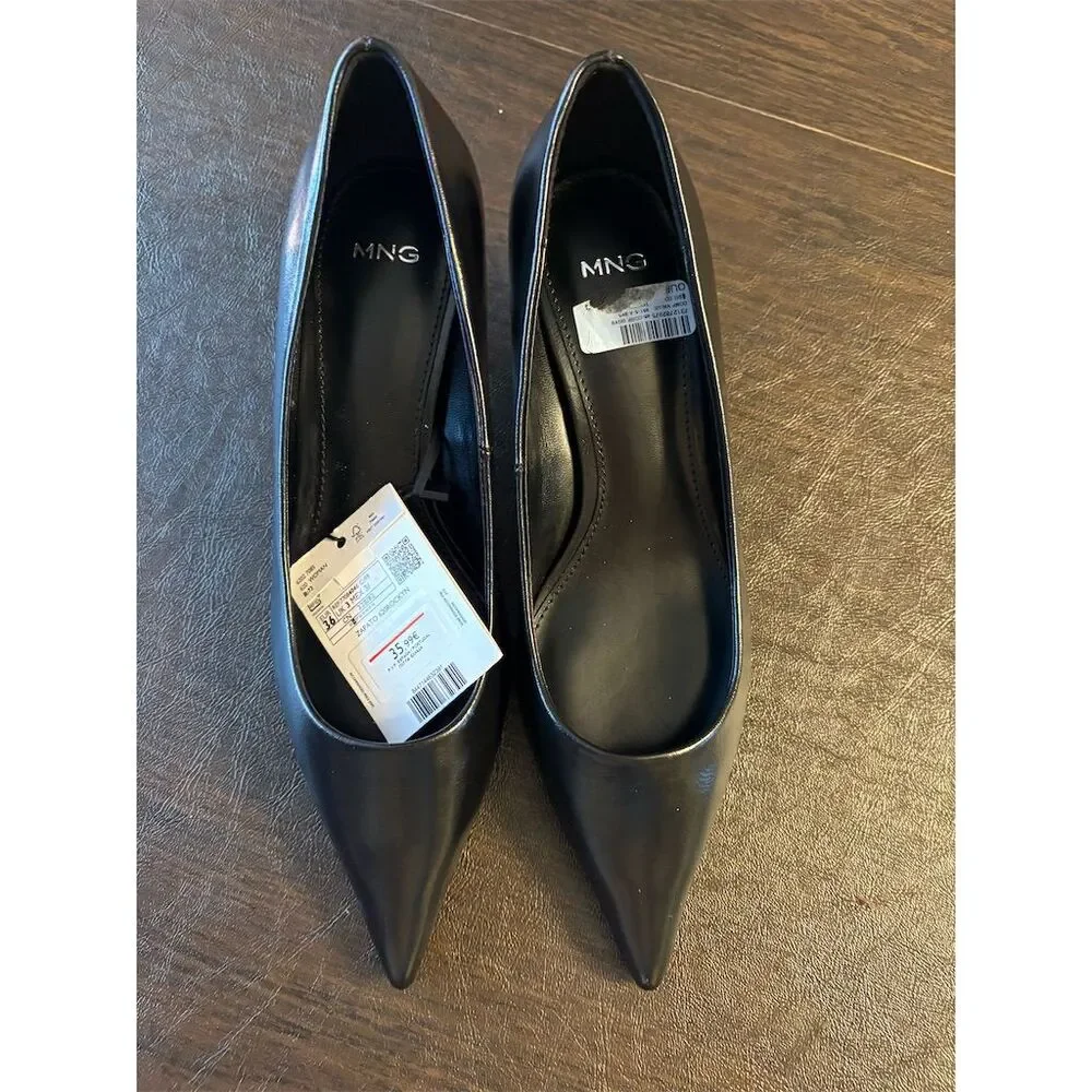Mango Rocklyn Black Pointed-Toe Kitten Heel Slip On Pumps size 36 NWT‎